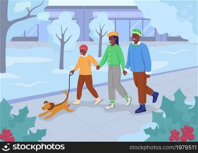 Winter walk flat color vector illustration. Parents spending time with child and pet dog in park. Festive season. Happy family 2D cartoon characters with wintertime cityscape on background. Winter walk flat color vector illustration