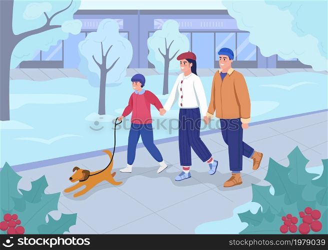 Winter walk in park flat color vector illustration. Christmas activities outdoors. Parents with kid and dog in urban park. Happy family 2D cartoon characters with wintertime cityscape on background. Winter walk in park flat color vector illustration
