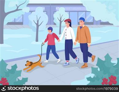 Winter walk in park flat color vector illustration. Christmas activities outdoors. Parents with kid and dog in urban park. Happy family 2D cartoon characters with wintertime cityscape on background. Winter walk in park flat color vector illustration