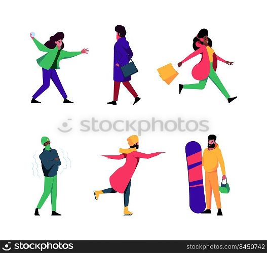 Winter walking. Happy people in cold winter season sliding playing running action poses christmas celebration time garish vector snow characters. Happy character outdoor, winter walking. Winter walking. Happy people in cold winter season sliding playing running action poses christmas celebration time garish vector snow characters