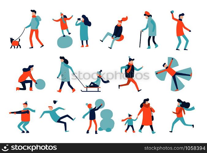 Winter walking people. Winters activities, active man sledging and woman walk in warm suit or family outdoors on christmas holidays making snowman, take photo. Flat vector isolated icons set. Winter walking people. Winters activities, active man sledging and woman walk in warm suit vector isolated set