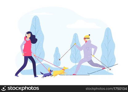 Winter walking. Women active winter time. Flat girl walks with dogs in forest vector illustration. Wintertimer outdoor cold, activity person ski. Winter walking. Women active winter time. Flat girl walks with dogs in forest vector illustration