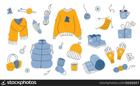 Winter warm and knitted clothes set cold weather with holiday decor. Sweater, scarf, knitted hat and mittens, down vest, boots, hot drink and yarn. Doodle hand drawn style elements on white background. Winter warm knitted clothes set with holiday decor Modern flat style with doodle hand drawn elements
