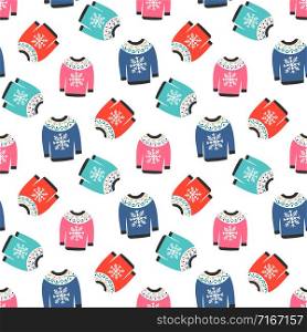 Winter warm colored sweaters for winter seamless pattern. Sweater winter season with ornament. Vector illustration. Winter warm colored sweaters for winter seamless pattern