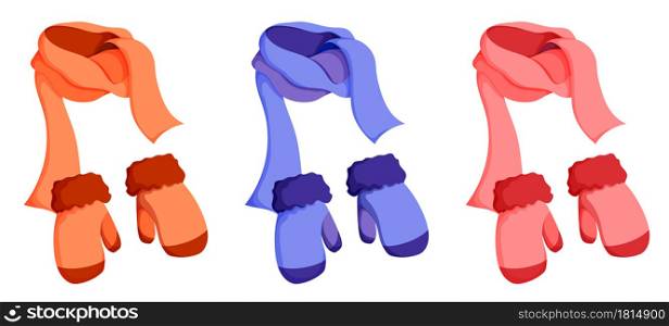 winter warm scarf and knitted wool mittens. Winter clothing for cold weather. Caring for health of children. Cartoon color vector