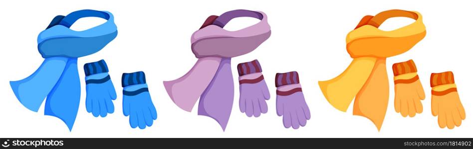 winter warm scarf and wool gloves. Winter clothing for cold weather. Caring for health of children. Cartoon color vector