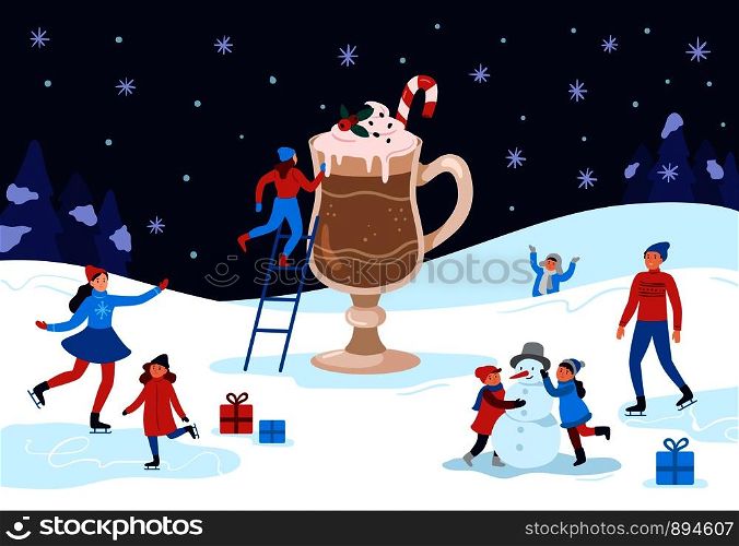 Winter warming cocoa mug. Happy people winter activities, celebrating Christmas and drink warm drinks, chocolate beverage with cinnamon or 2020 New Year cafe postcard vector illustration. Winter warming cocoa mug. Happy people winter activities, celebrating Christmas and drink warm drinks vector illustration