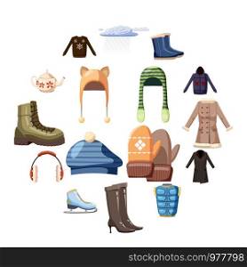 Winter wear icons set. Cartoon illustration of 16 winter wear vector icons for web. Winter wear icons set, cartoon style