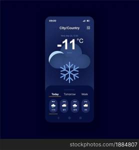 Winter weather forecast night mode smartphone interface vector template. Cloudy and snowy night. Mobile app page design layout. Meteorology screen. Flat UI for application. Phone display. Winter weather forecast smartphone interface vector template