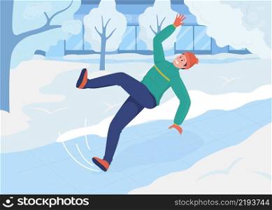 Winter weather problem flat color vector illustration. Everyday situation. Daily life. Falling worried man slipped on ice 2D cartoon character with seasonal urban landscape on background. Winter weather problem flat color vector illustration
