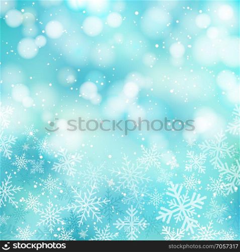 Winter white christmas bokeh blue and sparkling lights Festive background made of snowflakes and snow with blank copy space for your text, Vector illustration