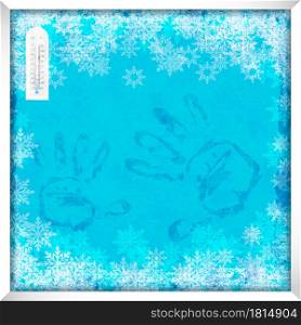 Winter window with frost effect on glass and handprints. Festive background for winter design. Background color in separate layer is easy to edit. Vector