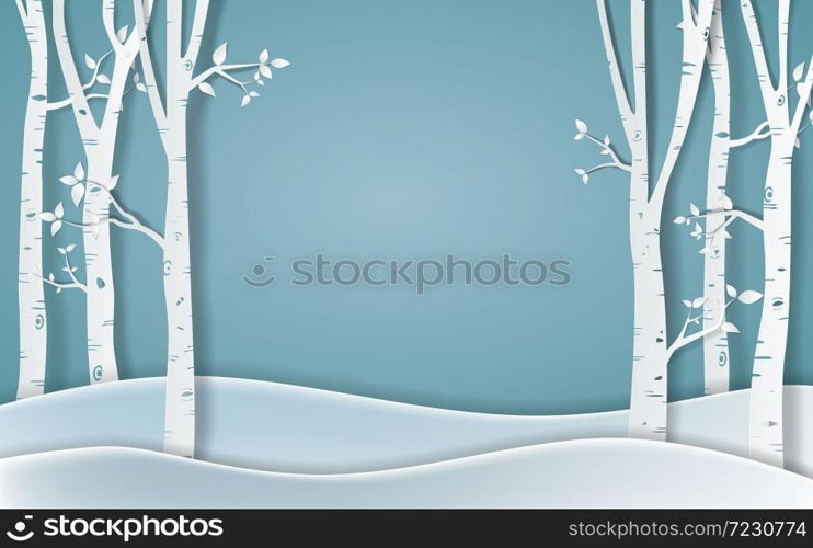 winter with homes and snowy paper art . beautiful scenery in the design vector