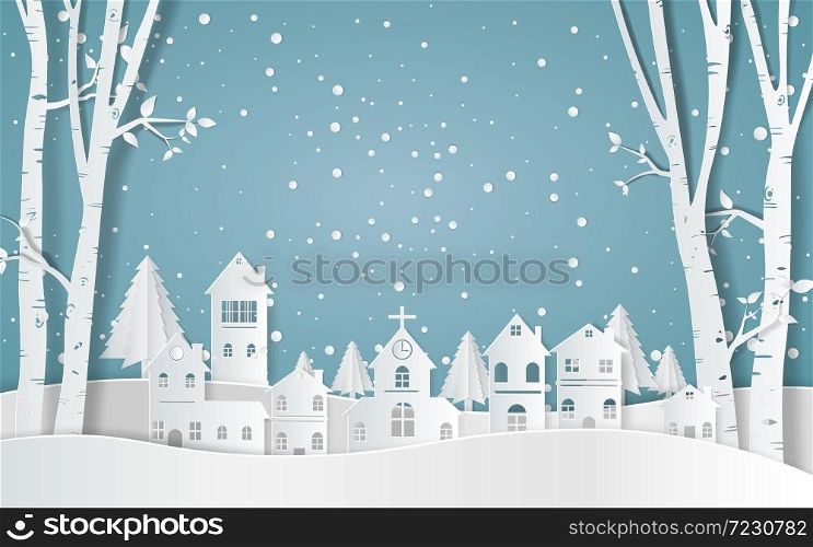 winter with homes and snowy paper art . beautiful scenery in the design vector