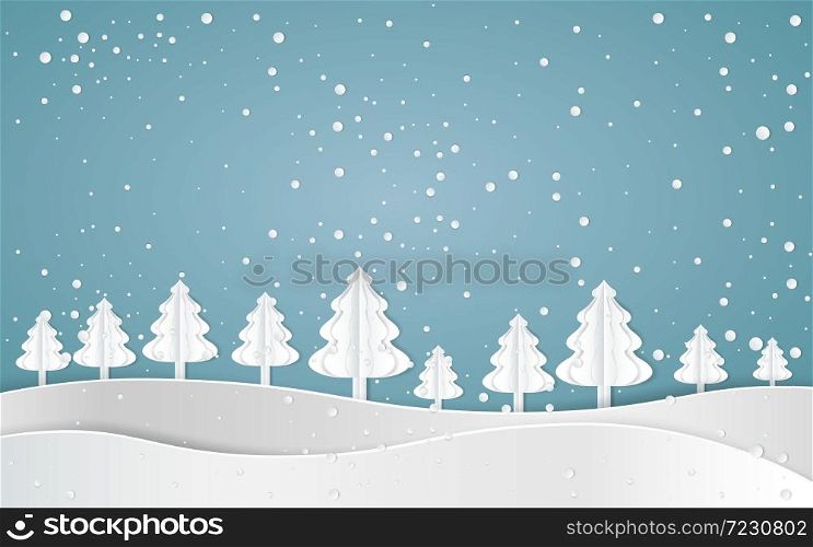 winter with homes and snowy paper art . beautiful scenery in the design vector
