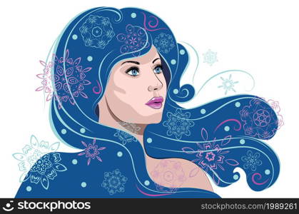 Winter woman with decorative snowflakes in blue hair illustration.