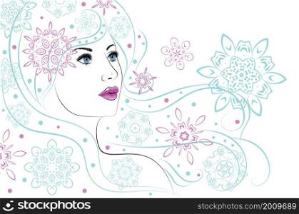 Winter woman with decorative snowflakes in blue hair illustration.