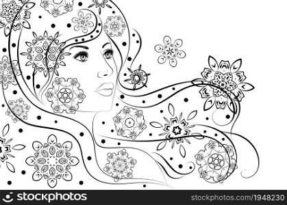 Winter woman with decorative snowflakes in hair black and white illustration.