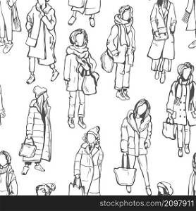 Winter women&rsquo;s fashion. Hand drawn girls on white background. Vector seamless pattern