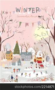Winter wonderland landscape background at night with people celebration and kids having fun at park in village.Vector illustration Cute cartoon for greeting card or banner for Christmas or New Year