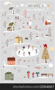 Winter wonderland landscape background with people celebration and kids having fun at park in village.Vector illustration Cute cartoon for greeting card or banner for Christmas or New Year 2022