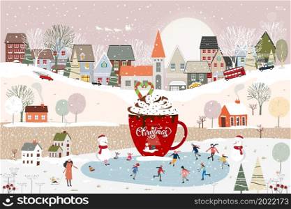 Winter wonderland landscape in the town with hot chocolate mug decoration, Happy kid playing ice skates in the park,Winter city nightlife on holiday, Christmas and new year 2022 background