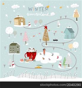 Winter wonderland landscape in village with hot chocolate mug decoration, Happy kid playing ice skates in the park,Winter city nightlife on holiday, Christmas and new year 2022 background