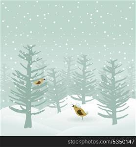 Winter wood2. The bird sings in winter wood. A vector illustration