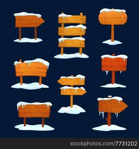 Winter wooden signs with snow, cartoon signboards, vector wood board posts. Winter wooden signs covered with snow and icicle, Christmas banners and direction arrow signposts. Winter wooden signs, cartoon signboards with snow