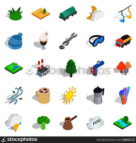 Winterly icons set. Isometric set of 25 winterly vector icons for web isolated on white background. Winterly icons set, isometric style