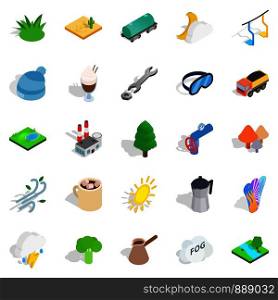 Winterly icons set. Isometric set of 25 winterly vector icons for web isolated on white background. Winterly icons set, isometric style