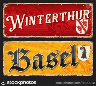 Winterthur, Basel, Swiss city plates and travel stickers, vector luggage tags. Switzerland cities tin signs, baggage labels and travel plates with Swiss canton emblems and tourism landmark symbols. Winterthur, Basel, Swiss cities travel plates