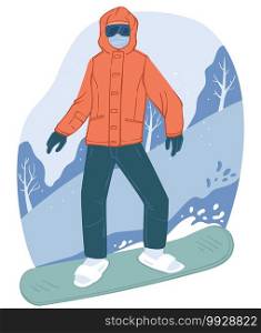 Wintertime active lifestyle and activities in resort. Snowboarder going down slope, extreme sports and relaxation, snowboarding hobby. People equipped with snowboard and clothes. Vector in flat style. Snowboarding winter sports and vacation activities