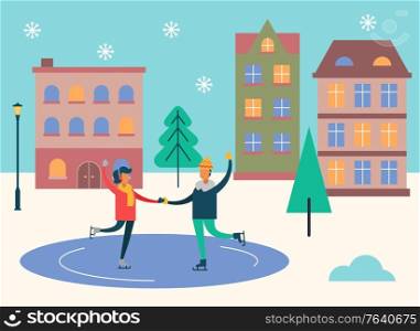 Wintertime activities vector, man and woman dancing on ice skating rink. People in snowy weather spending time outdoors. Couple in front of homes and pine trees in town. Winter holidays flat style. Winter Cityscape and People Skating on Ice Rink