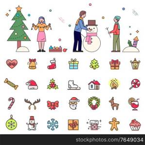 Wintertime and christmas preparation vector, isolated set of icons in flat style. Dad and son sculpting snowman. Woman decorating pine tree with garlands. Presents and santa claus, wreath and sweets. Wintertime Activities of People and Set of Icons