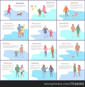 Wintertime couple man and woman walking together vector. Mother and kid on ice, people with balloons, outdoors activities. Owner and canine on leash. Wintertime Couple Man and Woman Walking Together