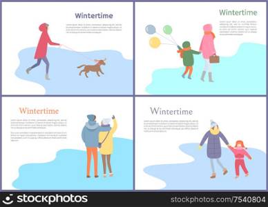 Wintertime couple walking in winter season set vector. Mother and child holding balloons, person with canine on leash, people spending time outdoors. Wintertime Couple Walking in Winter Season Set