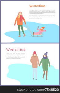Wintertime couple walking outdoors during winter season vector. Mother with child sitting on sledges holding shovel for kids. Seasonal activities. Wintertime Couple Walking Outdoors Winter Season
