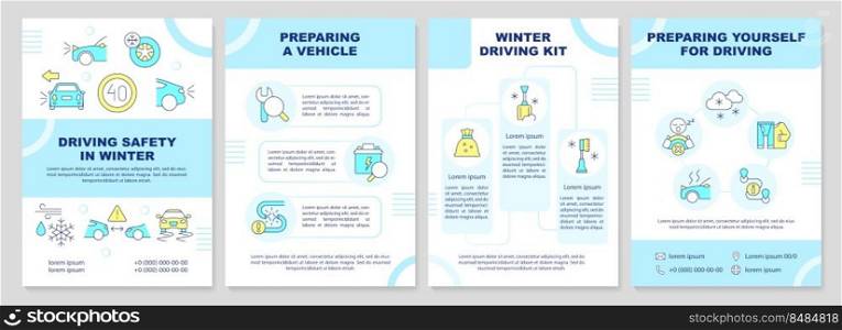 Wintertime driving safety rules brochure template. Leaflet design with linear icons. Editable 4 vector layouts for presentation, annual reports. Arial-Black, Myriad Pro-Regular fonts used. Wintertime driving safety rules brochure template