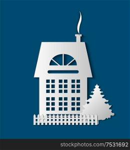 Wintertime greeting card with house and spruce, fence cut out isolated on blue. Building with windows, chimney pipe. Vector fir tree isolated origami. Paper Cut Building with Door and Windows, Chimney