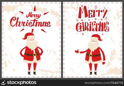 Wintertime greeting cards, New Year cartoon character sticker on grunge. Merry Christmas Santa Claus pointing on something by hand, welcome gesture vector. Merry Christmas Santa Claus Pointing on Something