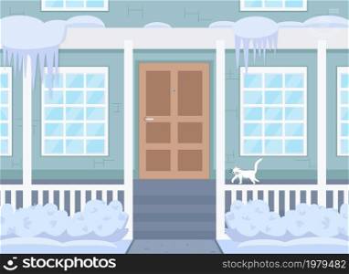 Wintertime house exterior flat color vector illustration. Front of residential house in snow. Cold weather and seasonal climate. Suburban house 2D cartoon outdoors scene with snow on background. Wintertime house exterior flat color vector illustration