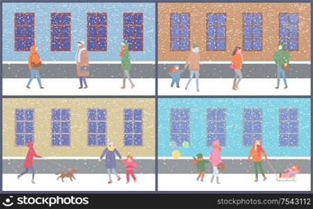 Wintertime mother and kid sitting on sledges set vector. Street with snowy weather snowfall and people walking resting city with buildings and snow. Wintertime Mother and Kid Sitting on Sledges Set
