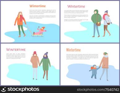 Wintertime mother with kid sitting on sledges vector. Family spending time together, mom and child, couple man and woman in winter season outdoors. Wintertime Mother with Kid Sitting on Sledges
