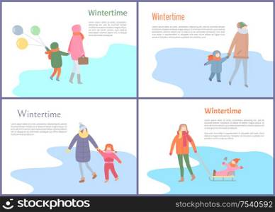 Wintertime pastime people having fun outdoors vector. Family mother and kid walking on ice, skating on rink, child sitting on sleds, winter holidays. Wintertime Pastime People Having Fun Outdoors