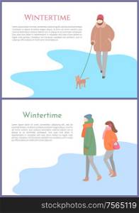 Wintertime person walking dog on leash vector. Canine with owner, couple standing on ice, winter season, outdoors activities, people in warm clothes. Wintertime Person Walking Dog on Leash Winter