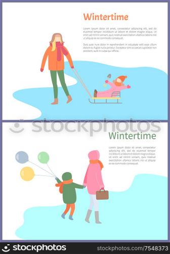 Wintertime season activities of mothers and kids vector. People spending time outdoors, child sitting on sledges, mom and son with inflatable balloons. Wintertime Season Activities of Mothers and Kids