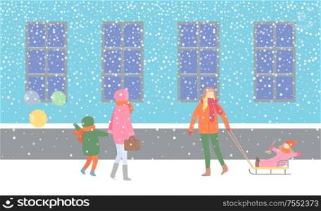 Wintertime seasonal walks of family at street vector. Mom with kid holding balloons, lady with child sitting on sledges snowfall snowy weather outdoors. Wintertime Seasonal Walks of Family at Street