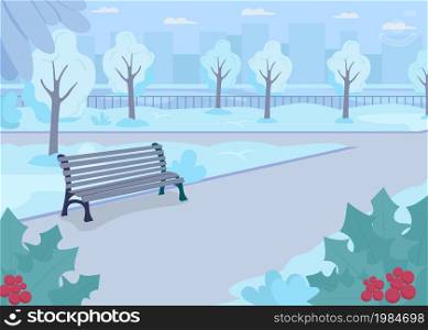 Wintertime urban park flat color vector illustration. Christmas season in city boulevard. Panoramic view on residential area. Winter 2D cartoon landscape with trees under snow on background. Wintertime urban park flat color vector illustration