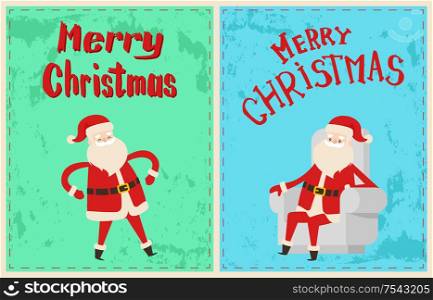 Wintertime vector greeting cards with Father Frost, cartoon character stickers on grunge backdrop. Merry Christmas Santa Claus sitting in armchair and dancing. Wintertime Vector Greeting Cards with Father Frost